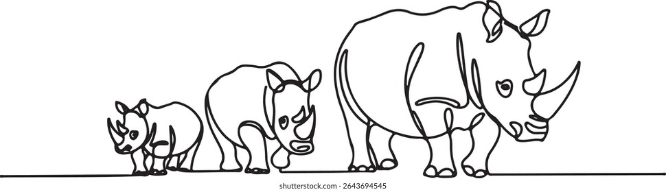 Continuous line drawing of three rhinoceroses walking in profile, minimalist black and white animal art

