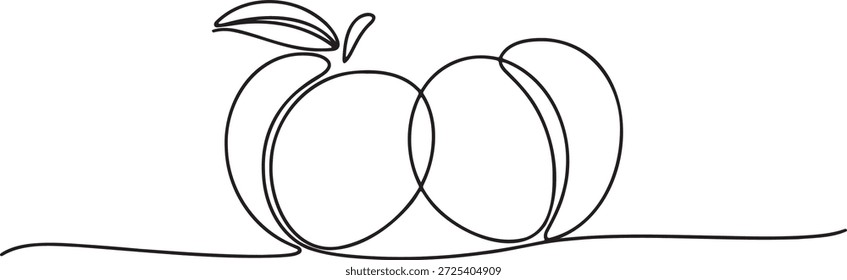 Continuous line drawing of three ripe apricots or peaches with stem and leaf. Healthy eating and fresh organic fruit concept. Minimalist food sketch. Simple outline art of summer produce. Diet and nutrition vector illustration. Abstract line art of sweet stone fruits. Graphic element for packaging or natural product design.