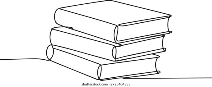 Dibujo de línea continuo de tres libros de tapa dura apilados. Ilustración vectorial minimalista de la educación y el aprendizaje. Dibujo lineal simple de literatura y material de lectura. Obra de arte lineal Abstractas de acumulación de conocimiento.