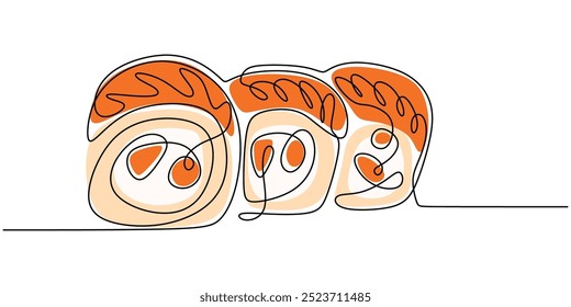 Desenho em linha contínua de três peças de sushi. Apresenta a iguaria japonesa em um design simples e elegante.