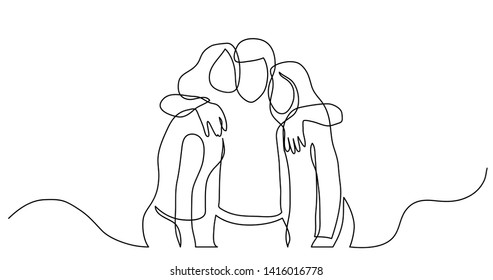 continuous line drawing three teenage friends hugging each other