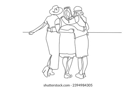 continuous line drawing of three women hugging together to show their Friendship. the concept of friendship, emotional support, and happiness.