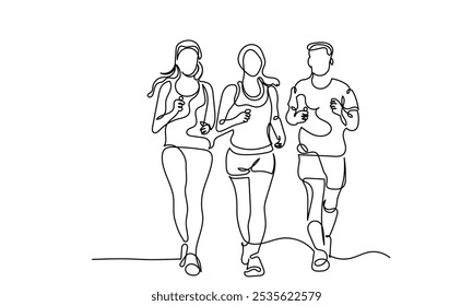 Dibujo de línea continuo de tres hombres y mujeres jóvenes adultos corriendo trotando. Arte de línea amigos Adultos corriendo juntos al aire libre. Un grupo de jóvenes haciendo ejercicio en la Ilustración vectorial de la acera.
