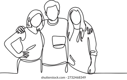 Continuous line drawing of three young friends standing together. Happy group of people embracing. Camaraderie and friendship. Youthful companionship. Team spirit and solidarity. Social connection. Joyful gathering. Positive relationship. Happiness and unity. Lifelong bonds.