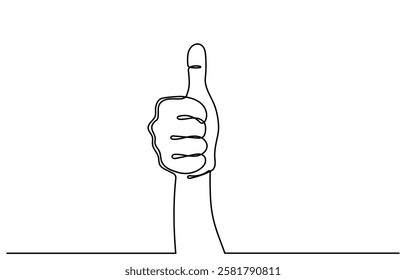 continuous line drawing of Thumb up a finger. Hand showing like and a great sign Satisfaction customer concept. ok hand gesture hand drawn isolated on white background.
