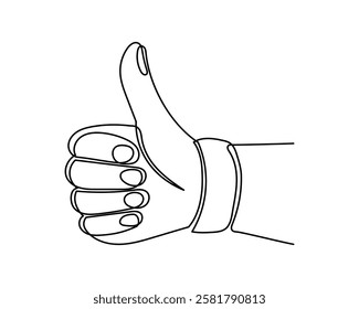 continuous line drawing of Thumb up a finger. Hand showing like and a great sign Satisfaction customer concept. ok hand gesture hand drawn isolated on white background.