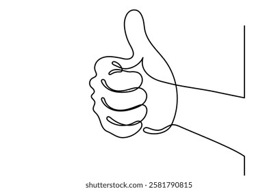 continuous line drawing of Thumb up a finger. Hand showing like and a great sign Satisfaction customer concept. ok hand gesture hand drawn isolated on white background.
