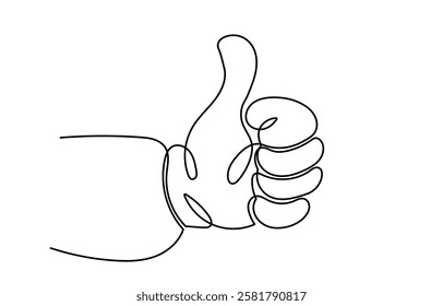 continuous line drawing of Thumb up a finger. Hand showing like and a great sign Satisfaction customer concept. ok hand gesture hand drawn isolated on white background.