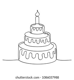 Continuous line drawing. Tiered birthday cake with candle. Symbol of celebration. Black isolated on white background. Hand drawn vector illustration. 