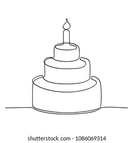 Continuous line drawing. Tiered birthday cake with candle. Symbol of celebration. Black isolated on white background. Hand drawn vector illustration. 