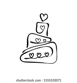 Continuous line drawing. Tiered birthday cake. Symbol of celebration isolated on white background. Wedding cake. Hand drawn vector illustration. Icon sweets for Valentine's day, wedding. Doodle