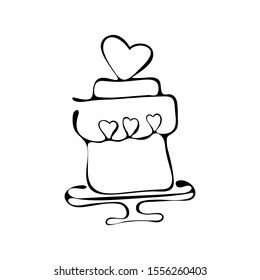Continuous line drawing. Tiered birthday cake. Symbol of celebration isolated on white background. Wedding cake. Hand drawn vector illustration. Icon sweets for Valentine's day, wedding. Doodle