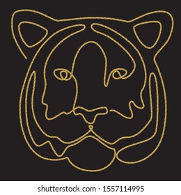 Continuous line drawing. Tiger head. Vector illustration. Gold glitter texture on black background.