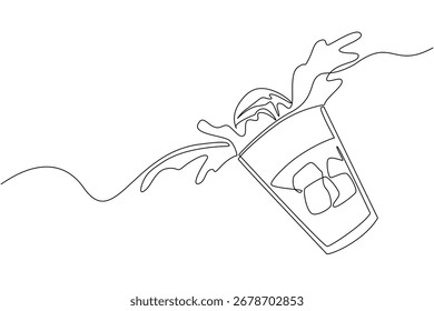 Continuous line drawing of a tilted soda float glass splashing with ice and ice cream, showing playful energy in a beverage concept for National Black Cow Day.