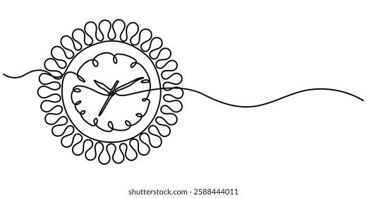 Continuous Line Drawing of Time Management Icon. Hand Drawn Symbol Vector Illustration, Continuous one line drawing of clock. Clock linear icon. One line drawing background. Vector illustration. 