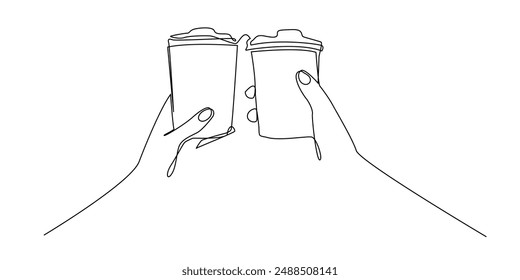 dibujo de línea continua de una tostada con una taza de café. concepto de vacaciones y tomar café. dibujo de una sola línea de una mano levantando una taza de café de papel