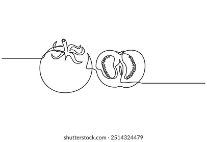 Un dibujo de línea continua de un tomate, tomate fresco, fruta y verdura en un dibujo de línea continua
