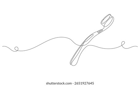 Continuous line drawing of toothbrush. One line dental care concept. Minimalist vector illustration. Hand-drawn, editable outline. Isolated on white background.