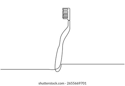 Desenho de linha contínua da escova de dentes. Desenho de linha única de uma escova de dentes, e pasta de dente, conceito de cuidados dentários. Design minimalista, fundo branco.