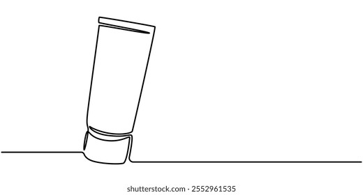 Continuous line drawing of toothbrush and toothpaste, object one line, single line art, vector illustration, Continuous one line drawing of close up of a toothpaste tube in silhouette on a white.