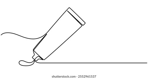 Desenho de linha contínua de escova de dentes e pasta de dentes, objeto uma linha, arte de linha única, ilustração vetorial, desenho contínuo de uma linha de fechamento de um tubo de pasta de dentes em silhueta em um branco.