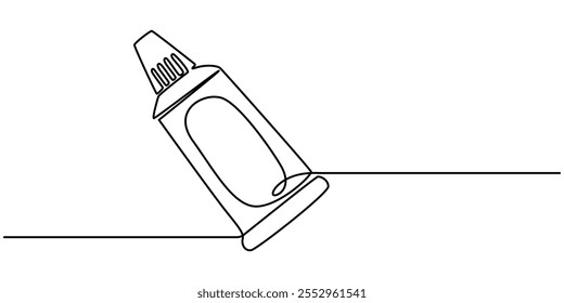 Desenho de linha contínua de escova de dentes e pasta de dentes, objeto uma linha, arte de linha única, ilustração vetorial, desenho contínuo de uma linha de fechamento de um tubo de pasta de dentes em silhueta em um branco.