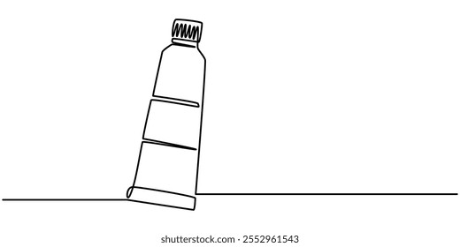 Continuous line drawing of toothbrush and toothpaste, object one line, single line art, vector illustration, Continuous one line drawing of close up of a toothpaste tube in silhouette on a white.