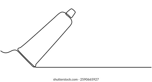 Continuous line drawing of toothbrush and toothpaste, object one line, single line art, vector illustration, Continuous one line drawing of close up of a toothpaste tube in silhouette on a white.