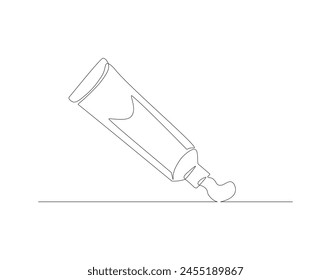 Dibujo de línea continua del tubo de la pasta de dientes. Una línea de pasta de dientes. Concepto de salud dental arte lineal continuo. Esquema editable.