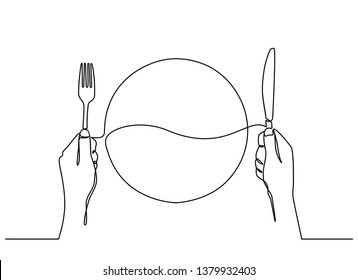 continuous line drawing top view the plate and hands holding knife   fork in the white background  ready to eat