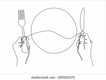continuous line drawing of top view of the plate with hands holding a knife and fork in the white background, ready to eat