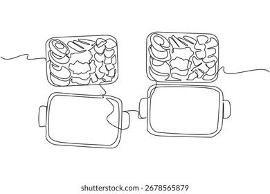 Continuous line drawing of top view meal prep containers packed with vegetables, representing National Meal Prep Day under a health concept promoting order and nutrition.