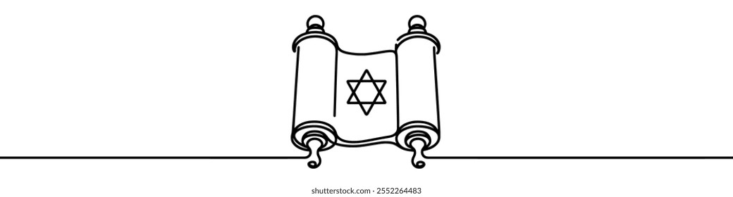 Continuous line drawing of torah scroll with star of david symbolizing jewish faith and traditions