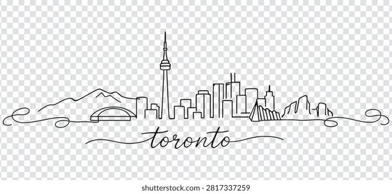Continuous line drawing of the Toronto city skyline. Minimalist vector illustration of Toronto landmarks with elegant hand-lettered typography.