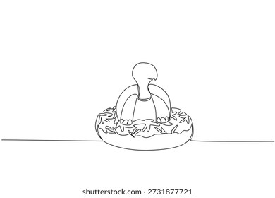 Continuous line drawing of tortoise shows cute animal sitting inside sprinkled donut for unhealthy snack concept. Unique design features playful reptile for international food day in minimalist art