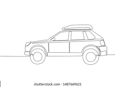 Continuous line drawing of tough suv car with roof rack. Adventure vehicle transportation concept. One single continuous line draw design