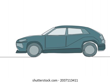 Continuous line drawing of tough suv car. Urban city vehicle transportation concept. One single continuous line draw design