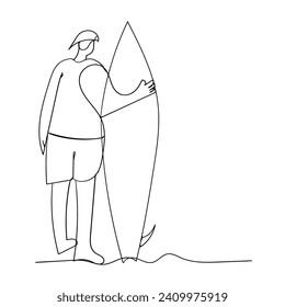 Continuous Line Drawing tourist Holding a Surfboard on the Beach. Summer Holiday. Illustration Icon Vector
