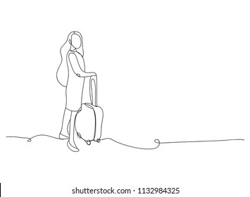continuous line drawing of Tourists with travel bags. People traveling cartoon character vector Illustration