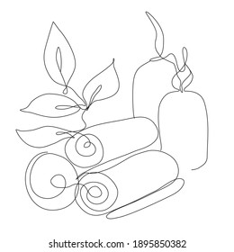 Continuous Line Drawing  towels and candles, spa. Trendy one line draw design vector illustration