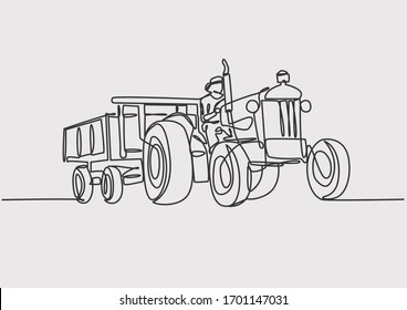 Continuous Line Drawing of a tractor uses a wagon with a farmer riding on it