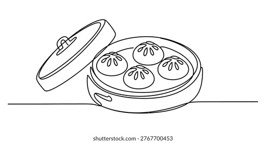Continuous line drawing of traditional chinese dumplings in a bamboo steamer with an open lid Vector, illustration