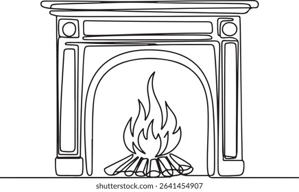 continuous line drawing of a traditional fireplace with dancing flame and firewood in a modern black and white silhouette style