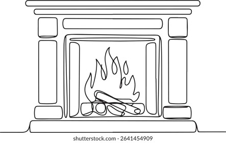 continuous line drawing of a traditional fireplace with dancing flame and firewood in a modern black and white silhouette style