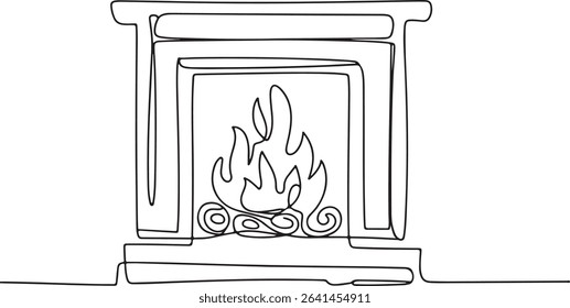 continuous line drawing of a traditional fireplace with dancing flame and firewood in a modern black and white silhouette style