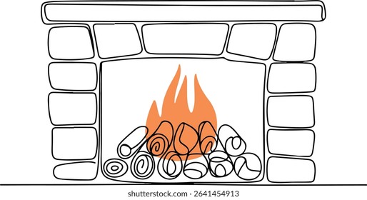continuous line drawing of a traditional fireplace with dancing flame and firewood in a modern black and white silhouette style
