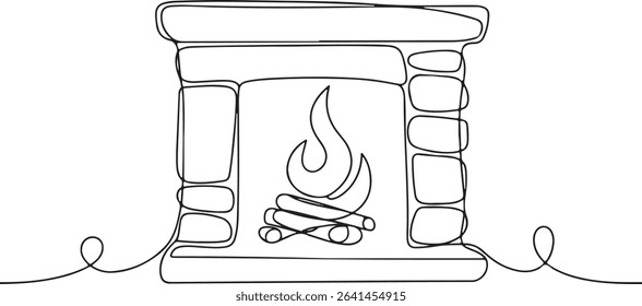 continuous line drawing of a traditional fireplace with dancing flame and firewood in a modern black and white silhouette style