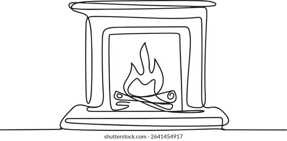 continuous line drawing of a traditional fireplace with dancing flame and firewood in a modern black and white silhouette style