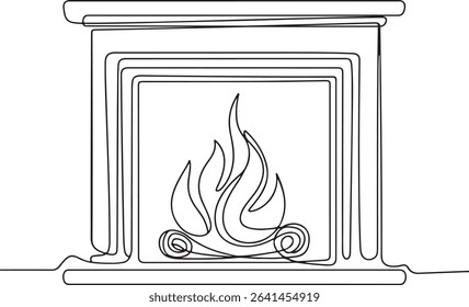 continuous line drawing of a traditional fireplace with dancing flame and firewood in a modern black and white silhouette style