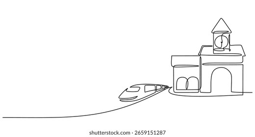Dibujo de línea continuo de un tren que llega a una estación de la torre del reloj vintage, dibujado a mano en estilo minimalista. Símbolo de viaje, puntualidad y centro histórico de transporte.